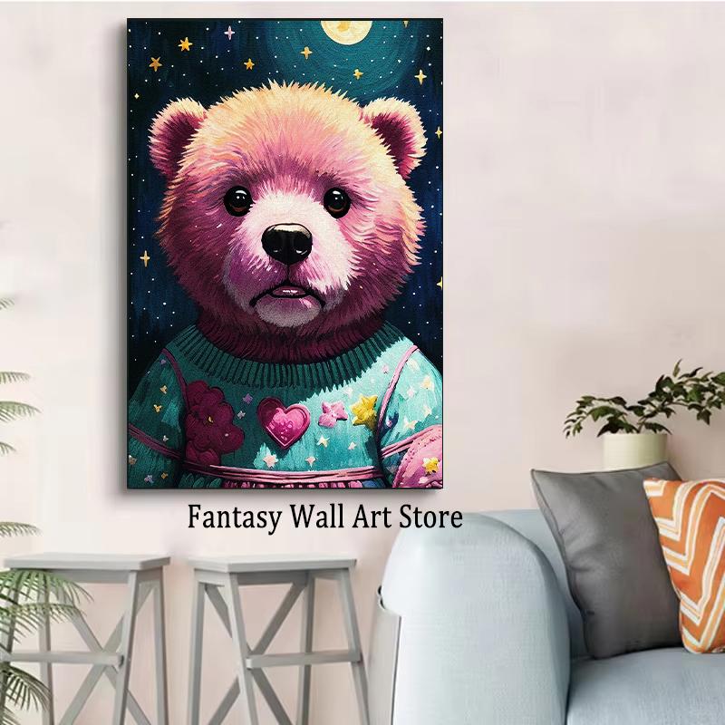 Růžový plyšový medvídek Hvězdná obloha Vintage malba Tisky Plyšový medvídek Roztomilá kreslená malba Dětský pokoj Školní plátno Dekorace