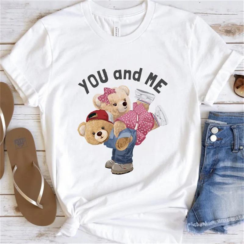 Cute Bear Print Shirts White Fashion Women T-Shirts Harajuku Kawaii Clothes Short Sleeve Summer Tees Casual Female Tops O-Neck