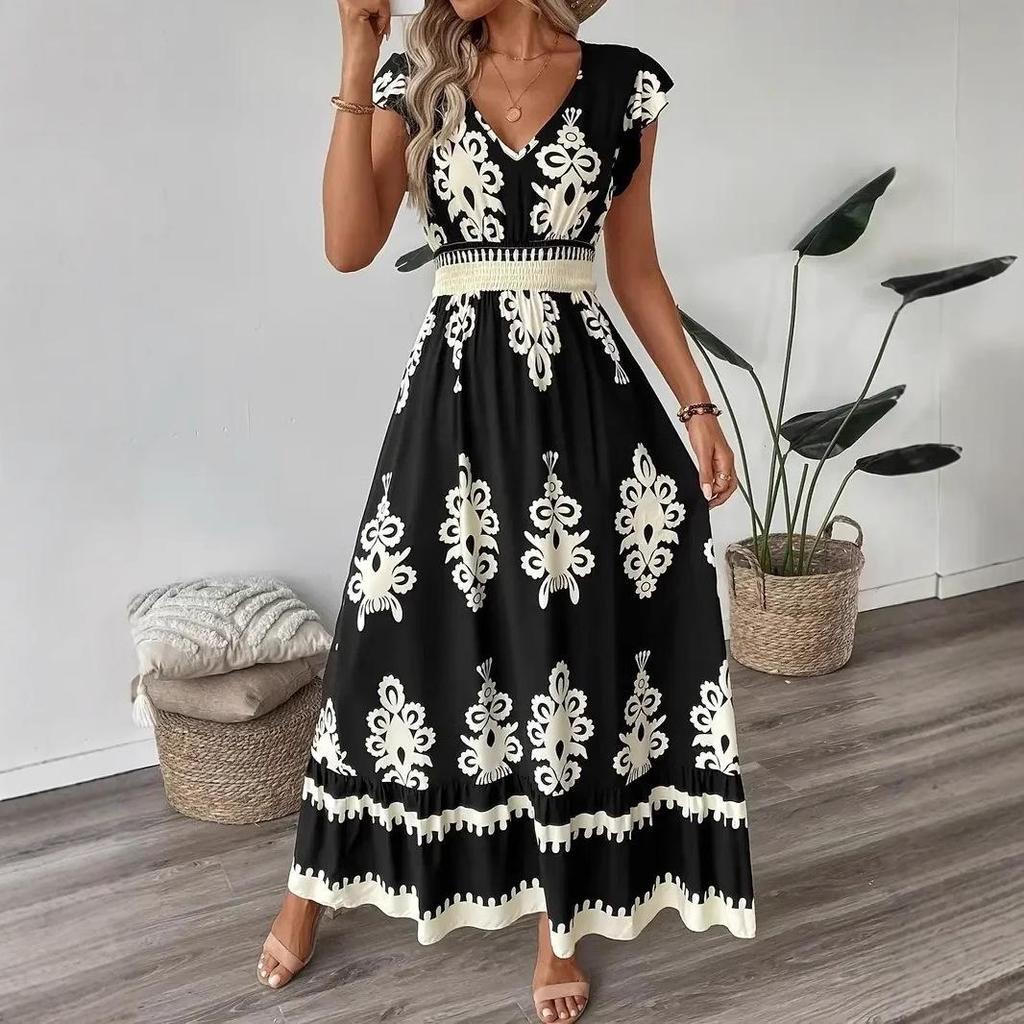 Elegant Floral V-Neck A-Line Dress with Ruffle Sleeves