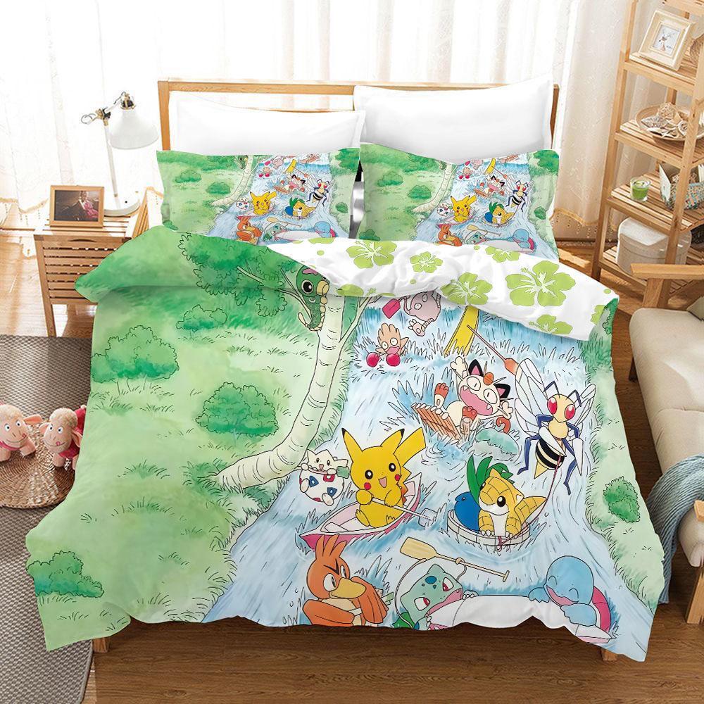 Pokemonzd 3Pcs Duvet Coverskids Cartoon Bedding Set Quilt Cover Twin Full Bedroom Bed  King Size  Decor For Teens Best Gifts