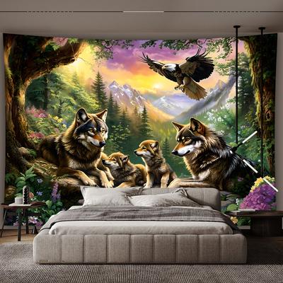Wolf Family With Eagle In Mountain Forest Sunset Landscape Wall Tapestry Wildlife Art Decor Home Interior Design Bedroom