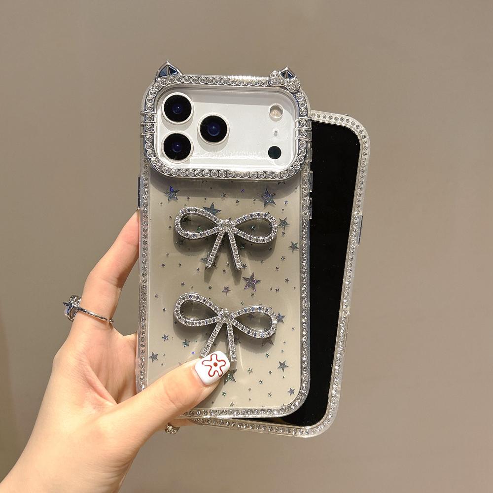 KEYSION Cute 3D Cat Ear Transparent Phone Case for iPhone 14 15 Pro Max 14 15 Plus Glitter Jewelled Bowknot Shockproof Back Cover