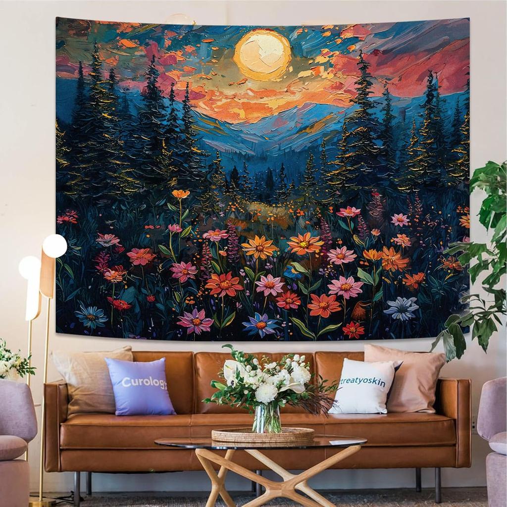 Kampdream Landscape Tapestry, Scenery Art Wall Tapestries, Nature Wall Decor for Bedroom Living Room Backdrop Sunset Wildflowers 36×48 Inches