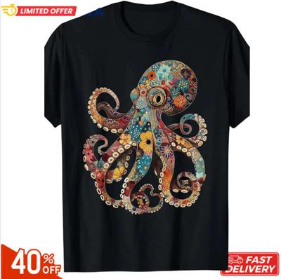 Men's Vintage Floral Octopus T-Shirt, 100% Cotton, 180g - Colorful Kraken Design Unisex T-Shirt