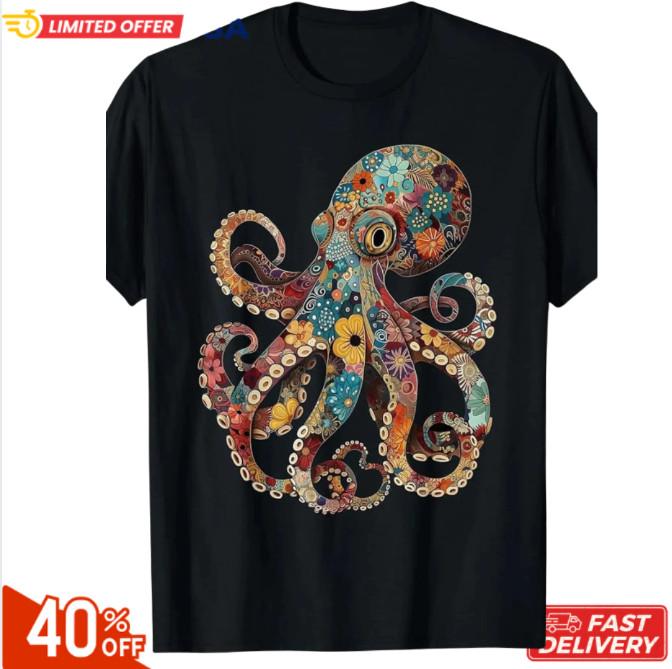 Men s Vintage Floral Octopus T-Shirt, 100% Cotton, 180g - Colorful Kraken Design Unisex T-Shirt S