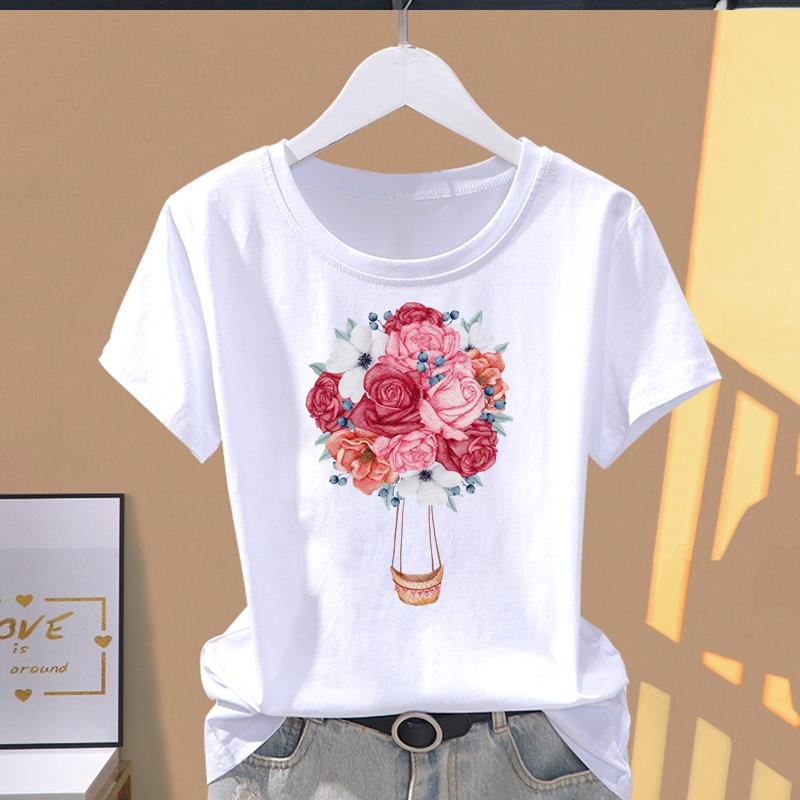 (Asian Size) Style Flower Cute O-neck Casual Clothing Short Sleeve T Shirt Printed T-shirts Fashion Female Women's Top Graphic Tee