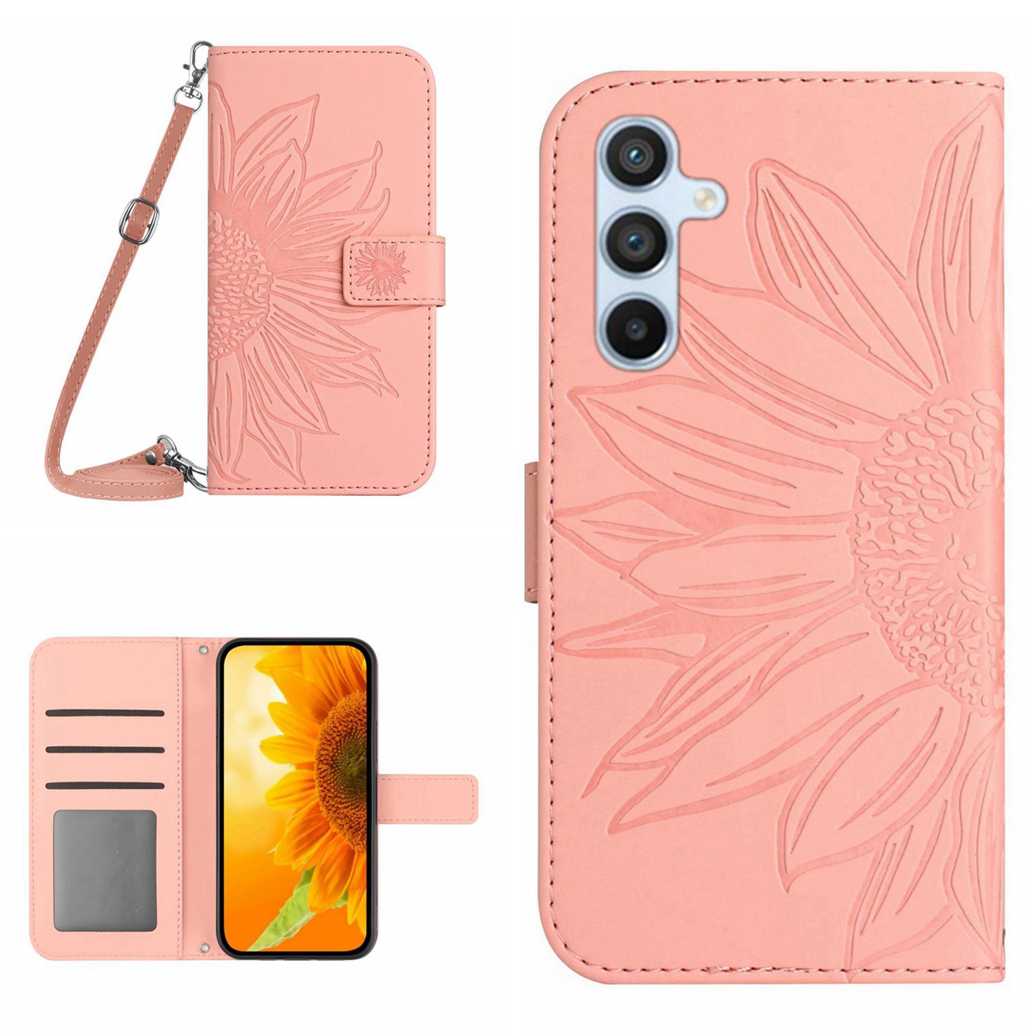

HT04 For Samsung Galaxy A16 5G/A16 4G Case Sunflower Imprint PU Leather Phone Cover with Long Strap Light Pink