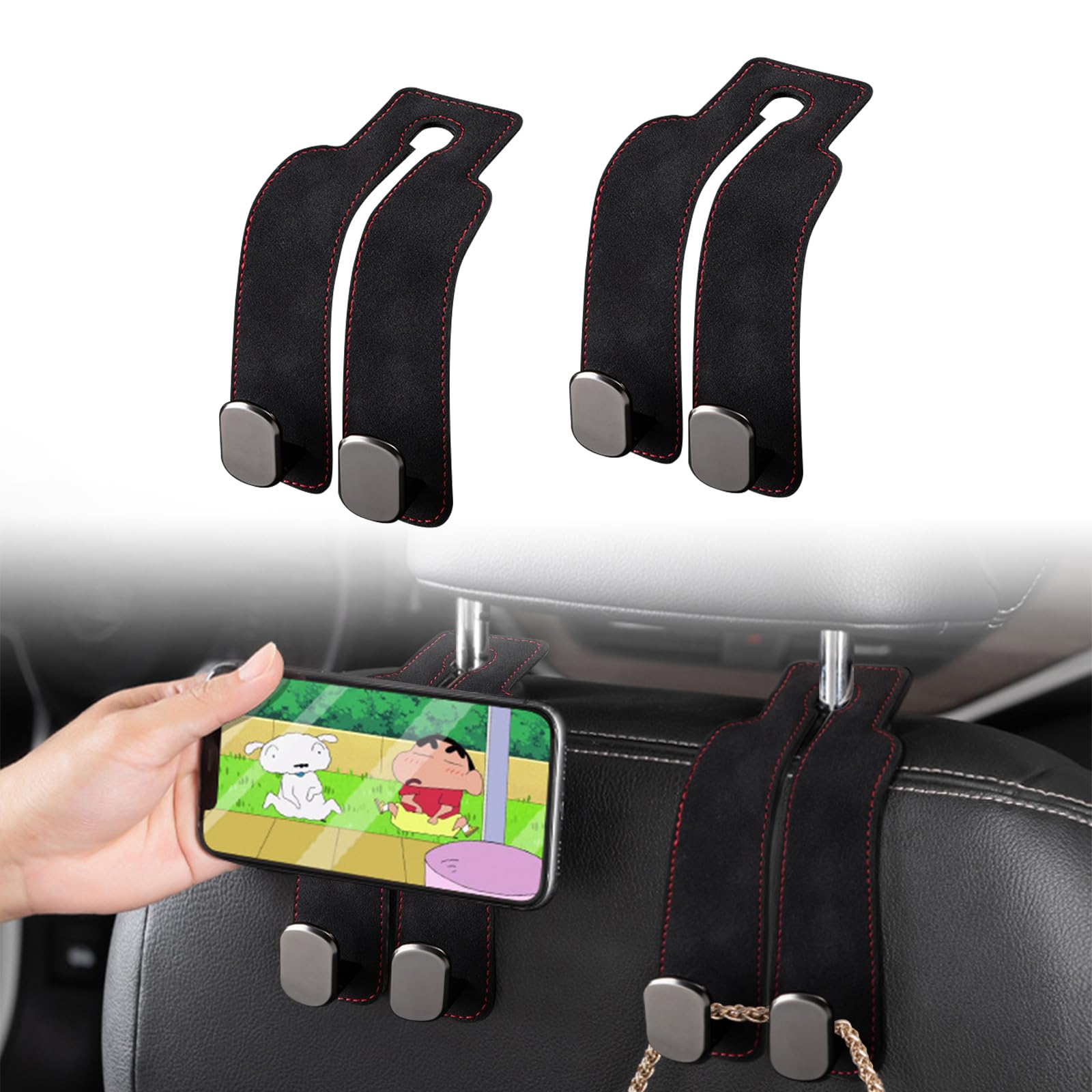 

BLUESEATEC Car Seat Double Selected Leather and Car Storage Headrest Fits Front or Rear Car Set of 2 Anti-Tip Hooks, Metal, Hooks, Seats, Accessories, чёрный