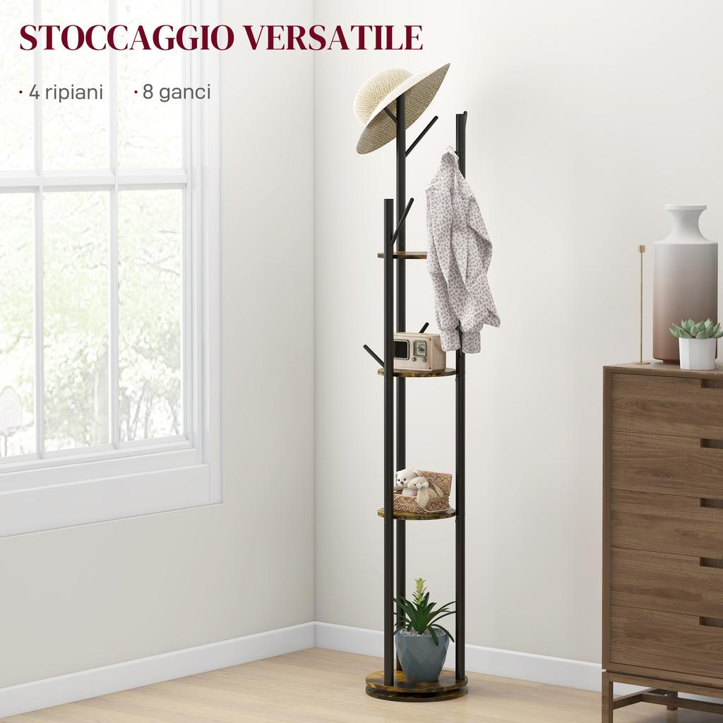 Rotating Floor Coat Rack with 8 Hooks and 4 Shelves in Industrial Style, diameter 30x175cm, Brown