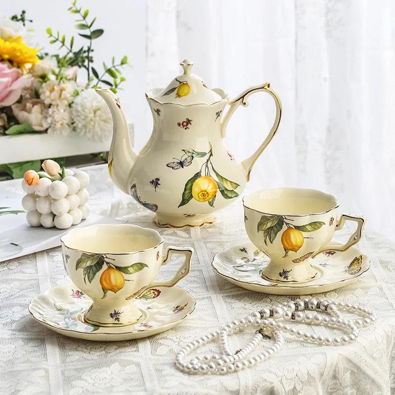 European Style Ceramic Mug Coffee Cup and Saucers Set Lemon Pattern Retro Afternoon Tea Cup Dessert Plate Teapot Home Kettle