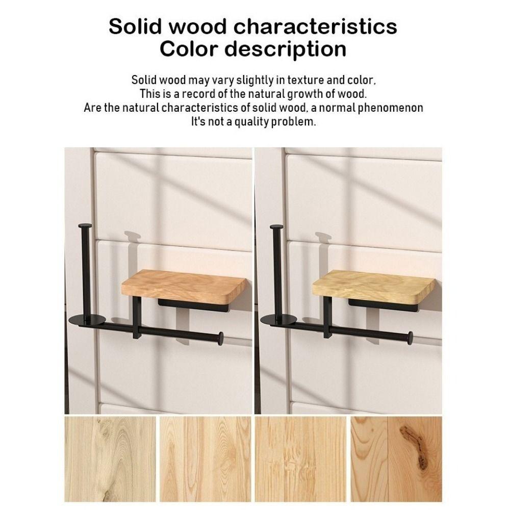 Iron Toilet Paper Holder Tiered Design No-drill Tissue Holder Wall Mounted with Wooden Shelf Aromatherapy Storage Rack Home Use