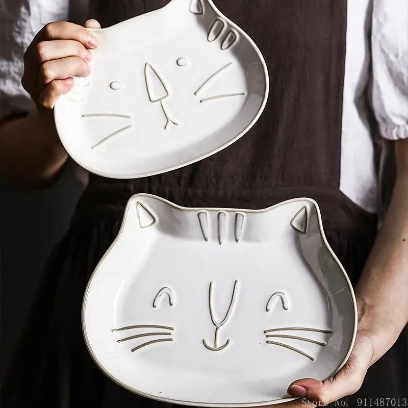 Creative White Glaze Japanese Embossed Cartoon Cute Cat Ceramic Tableware Home Kitchen Restaurant Supplies Fish dinner plates