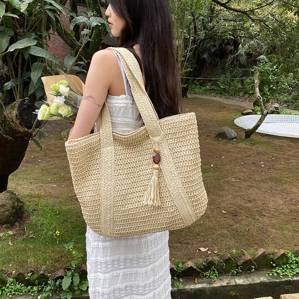 Elegant Ladies Straw Woven Handbag for Women Summer Beach Handbag Commute Casual Tote Top-Handle Bags with Tassel Pendant