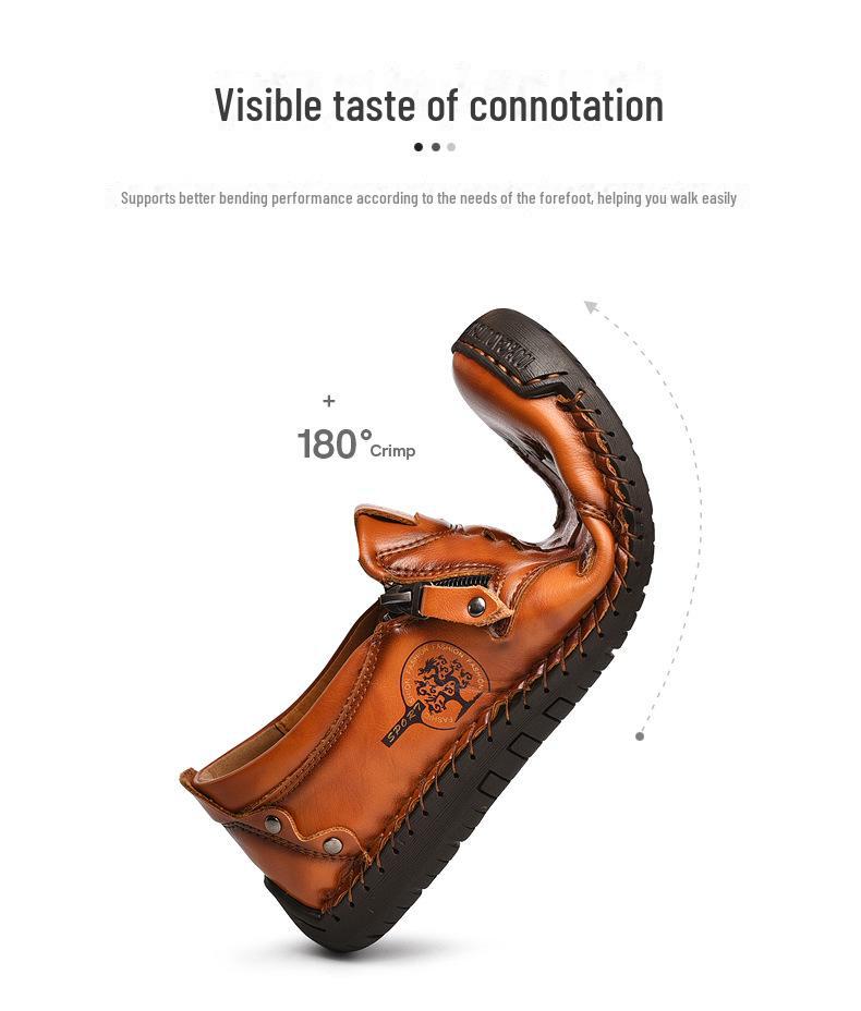 Men's Spring & Autumn Slip-On Fashionable Zipper Leather Loafers - Toe Design, Casual, Handmade, Large Sizes Available