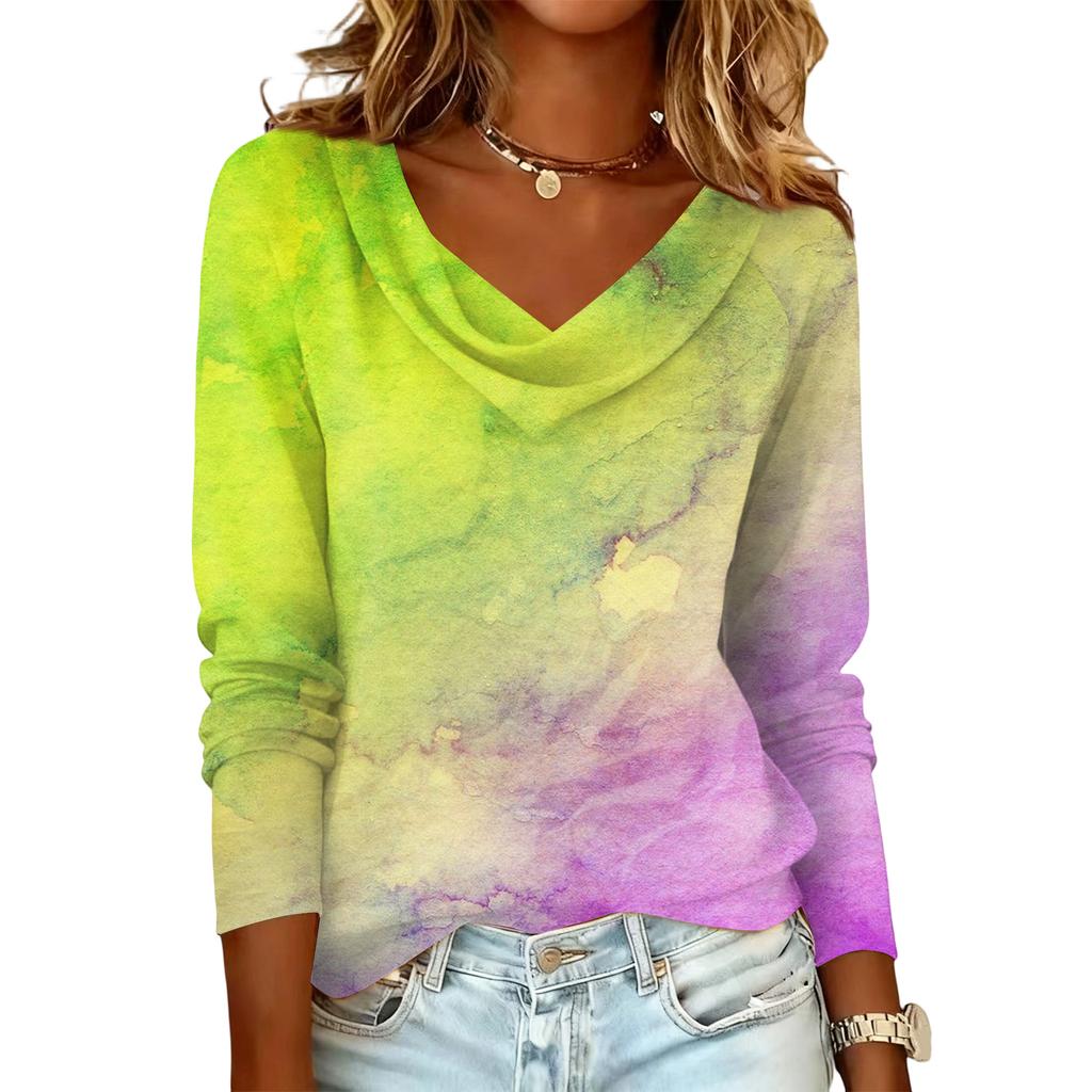 Damen lässiges Mode-Pulloveroberteil mit Langarm, kreuzgefärbt und bedruckt