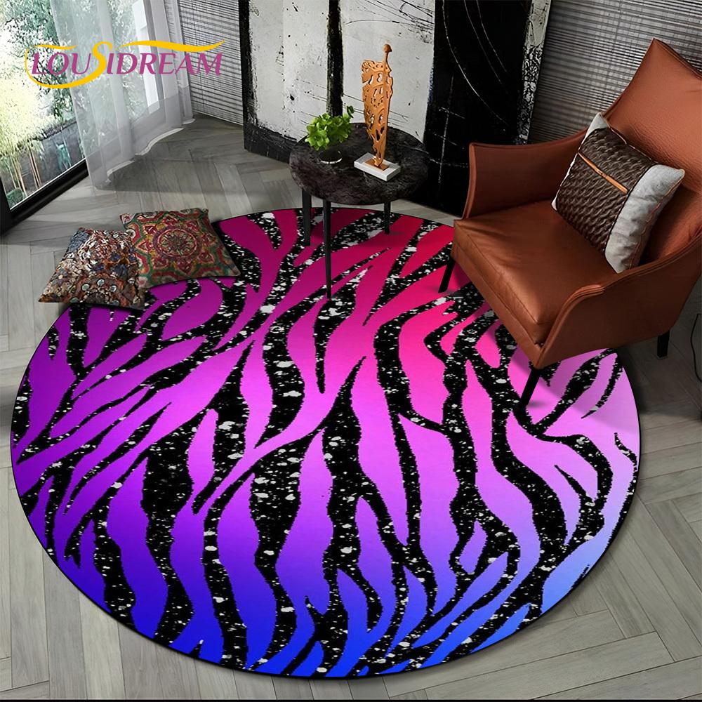 3D Barevný Pruhovaný Vzor Zebra Kulatý Koberec pro Obývací Pokoj, Ložnici, Dětský Herní Koutek Dekor, Protiskluzová Podložka do Zóny pro Domácí Mazlíčky
