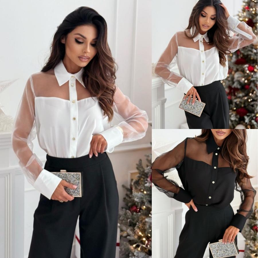 New Autumn/Fall Elegant Pure Color Stand Collar Long Sleeve Mesh Patchwork Blouse for Women