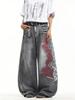 European and American Jeans Red and White Dragon Pattern Embroidery Design Sense High Waist Washed Loose Straight Mopping Jeans