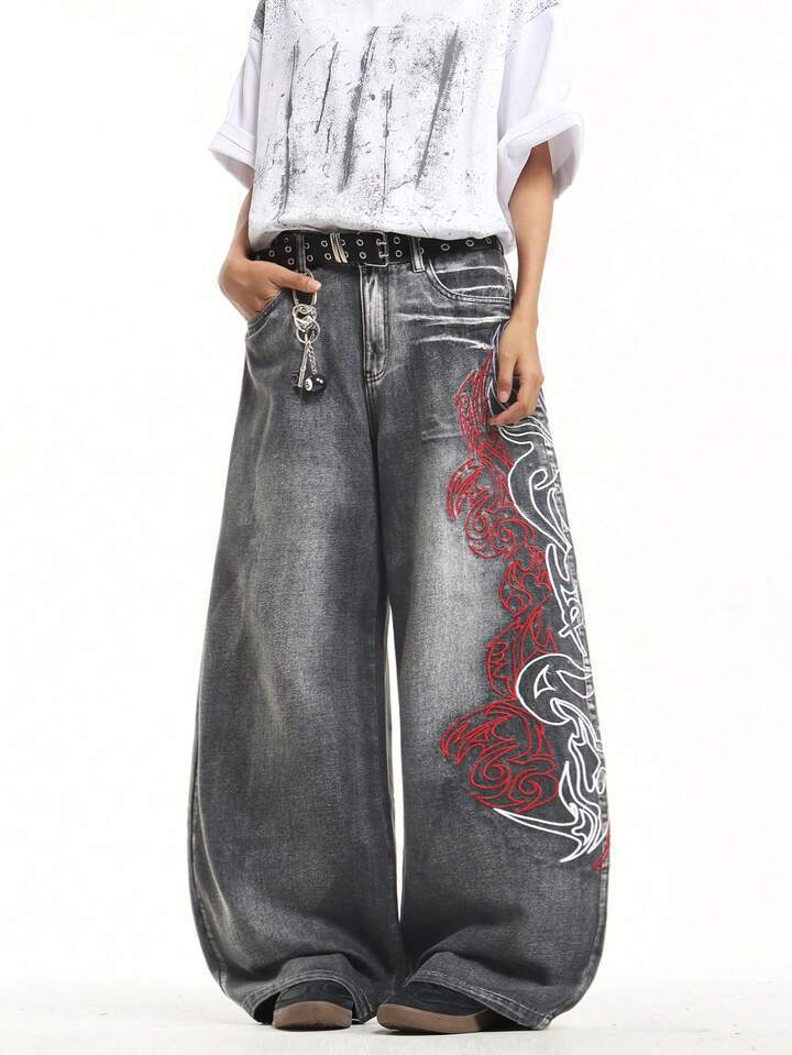 European and American Jeans Red and White Dragon Pattern Embroidery Design Sense High Waist Washed Loose Straight Mopping Jeans