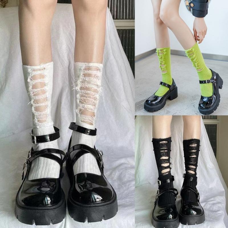 Women Gothic Ripped Holes Crew Socks Ribbed Knitted Harajuku Punk Hip Hop Skateboard Middle Tube Hosiery Streetwear