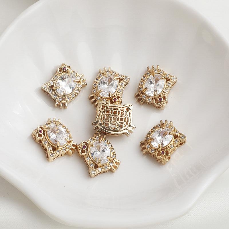 14K Gold Plated Cartoon Cat Zircon Coin Spacer Beads Bracelet DIY Accessories