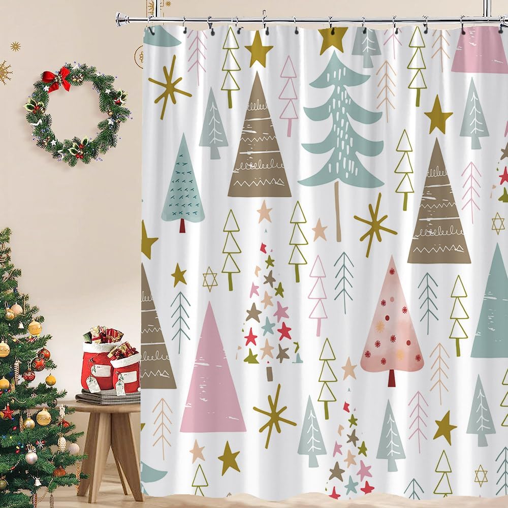 Merry Christmas Shower Curtain Green Pink Blue Xmas Trees Stars Snow Pattern Snowflake Winter Holiday Cute Cartoon Happy