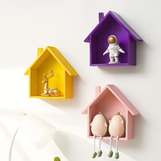 Wood House Wall Display Shelf, Wall Mounted Decorative Floating Shelf, Small Toys Dolls Organizer for Entryway, Living Room, Nursery