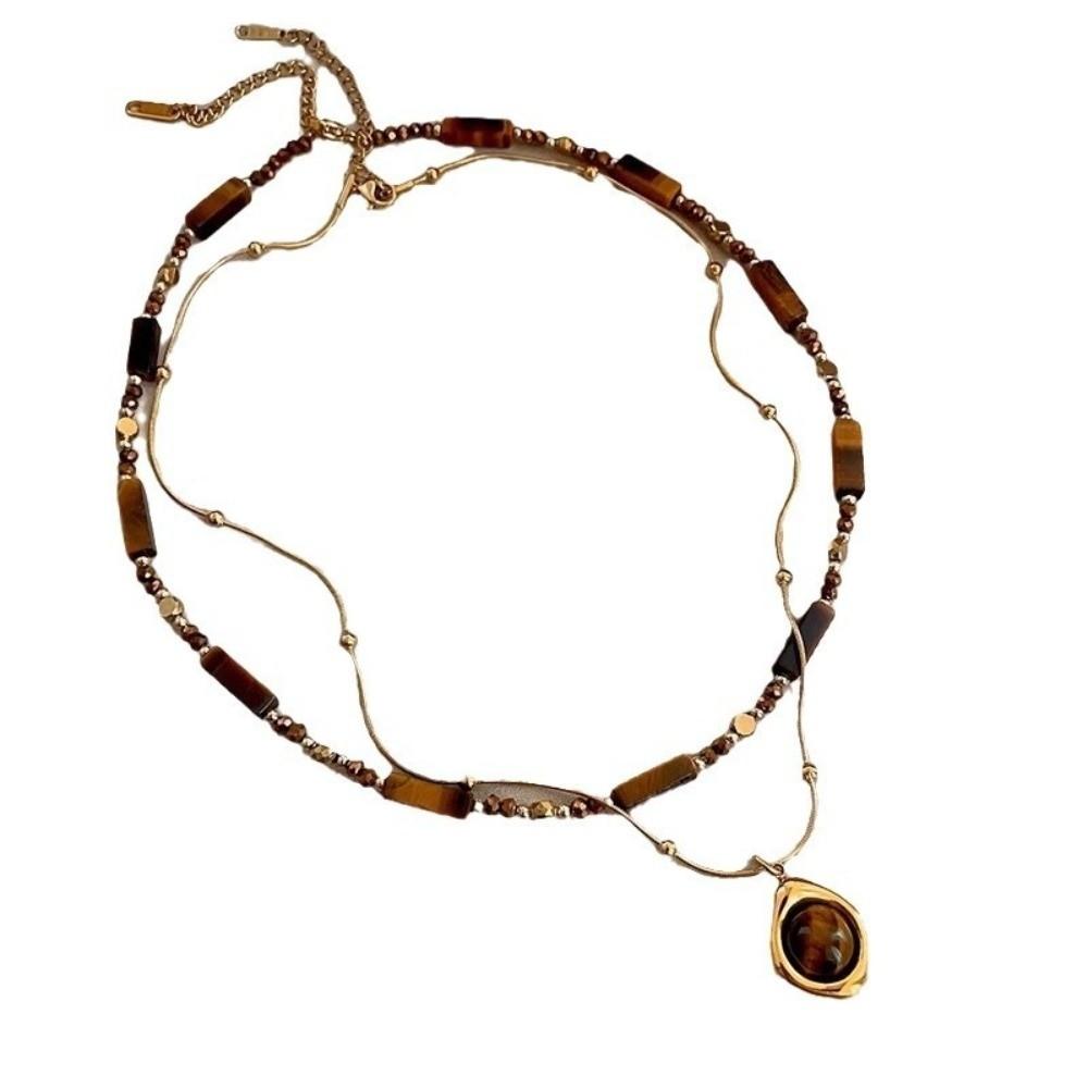 Stacking Tiger Eye Stone Pendant Necklace Temperament Layered Clavicle Chain Retro Sweater Chain