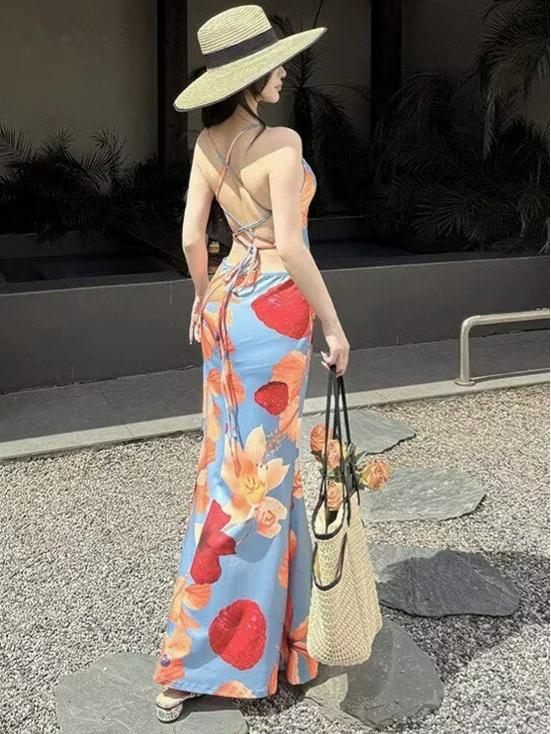 Island Resort Style Open-Back Camisole Dress - Women's 2026 Dopamine-Chic Hip-Hugging Skirt