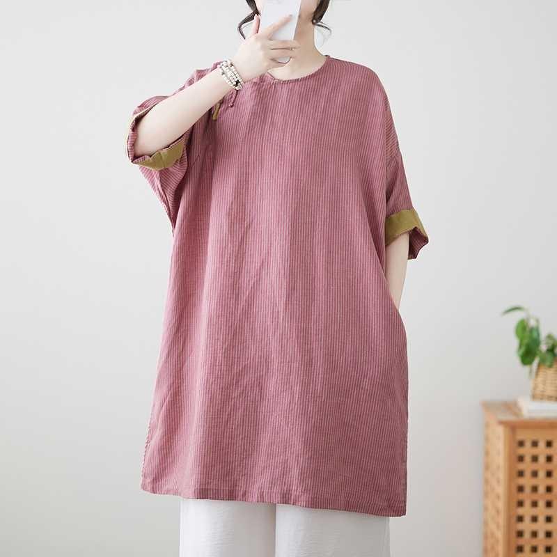 Real shot spring and summer new cotton and linen ethnic style retro buckle medium and long shirt women