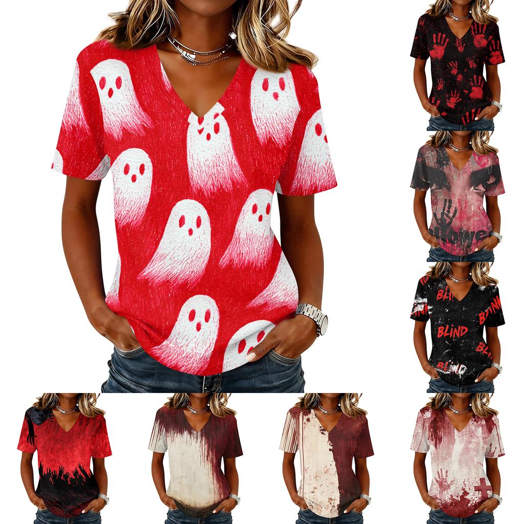 Women's Casual Short Sleeve V Neck Pullover Top Halloween Print Lightweight Loose Fit Tee Shirt