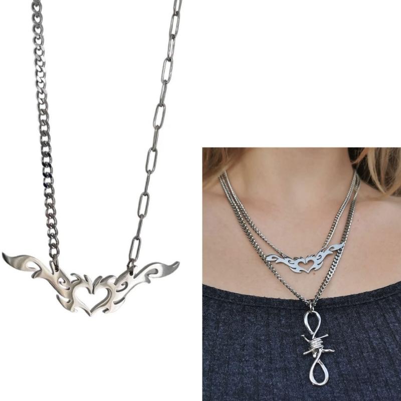 Punk Flame Love Heart Pendant Necklace for Women Girls Gothic Sweet Cool Totem Clavicle Chains Y2k Accessories Jewelry