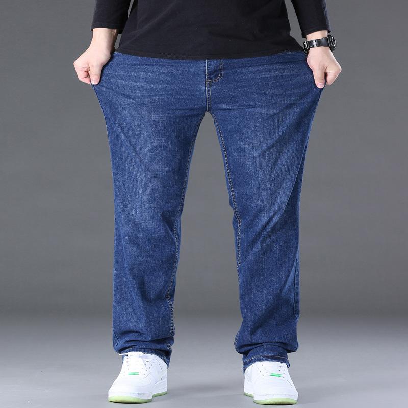 Spring/Summer Loose Fit Plus Size Straight Leg Jeans for Men Hard-Wearing Washed Wide-Leg Trousers