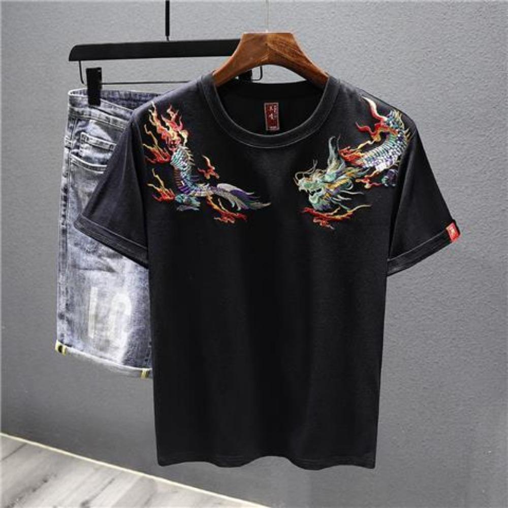 

Summer New Embroidered Short-sleeved T-shirt Men s Ethnic Style T-shirt Top M чёрный