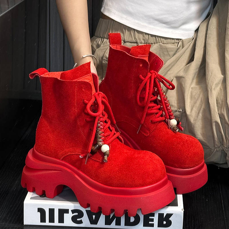 European Thick-soled Heightening Martin Boots Women's 2025 Autumn New Versatile Big Head Lace-up Small Locomotive Boots Short Boots