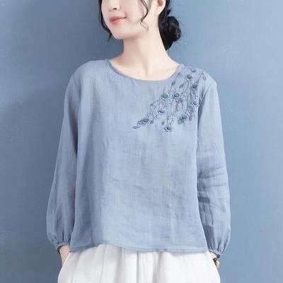 Camisa Retro de Manga Larga Bordada de Algodón-Lino de Estilo Chino para Mujer 2024 para Primavera