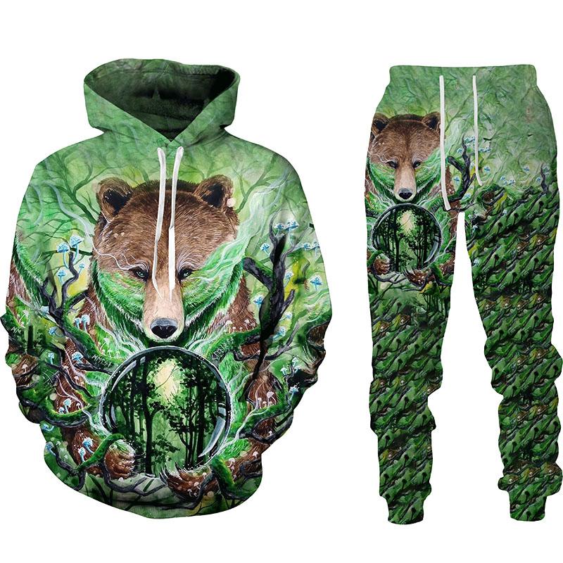 Herren Hoodie Sets Jagd Bär Bogenschütze Tarnung 3D-Druck Hoodies Trainingsanzug Jogginghose 2-teilige Sets Kleidung Übergroß