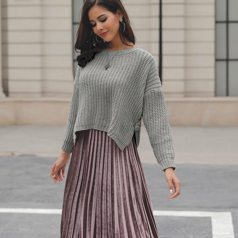 Casual Solid Knit Sweater Ladies V Neck Crew Neck Warm Daily Long Sleeve Blouse