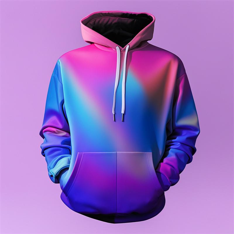 Polygon Gradient Abstract Art Fleece Hoodie, Thick Warm Pullover for Men, Autumn Winter Color Block Print Sweatshirt for Creative Street Strolls