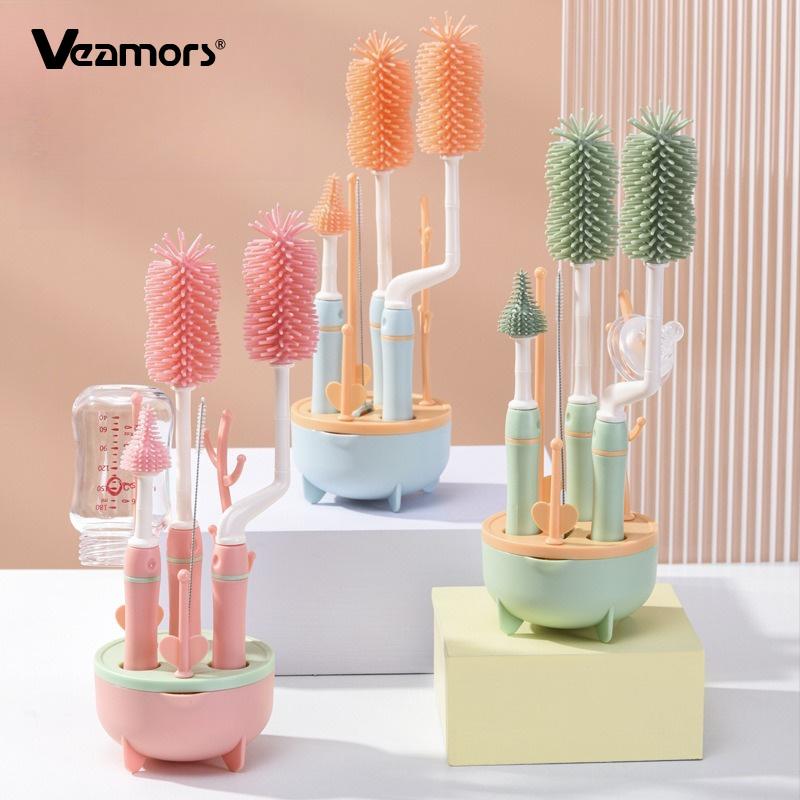 Food Grade Silicone Brush Baby Bottle Cleaner with Drying Rack Deep Clean Bottle Brush Bottle Cleaner Kit Newborn Accessories