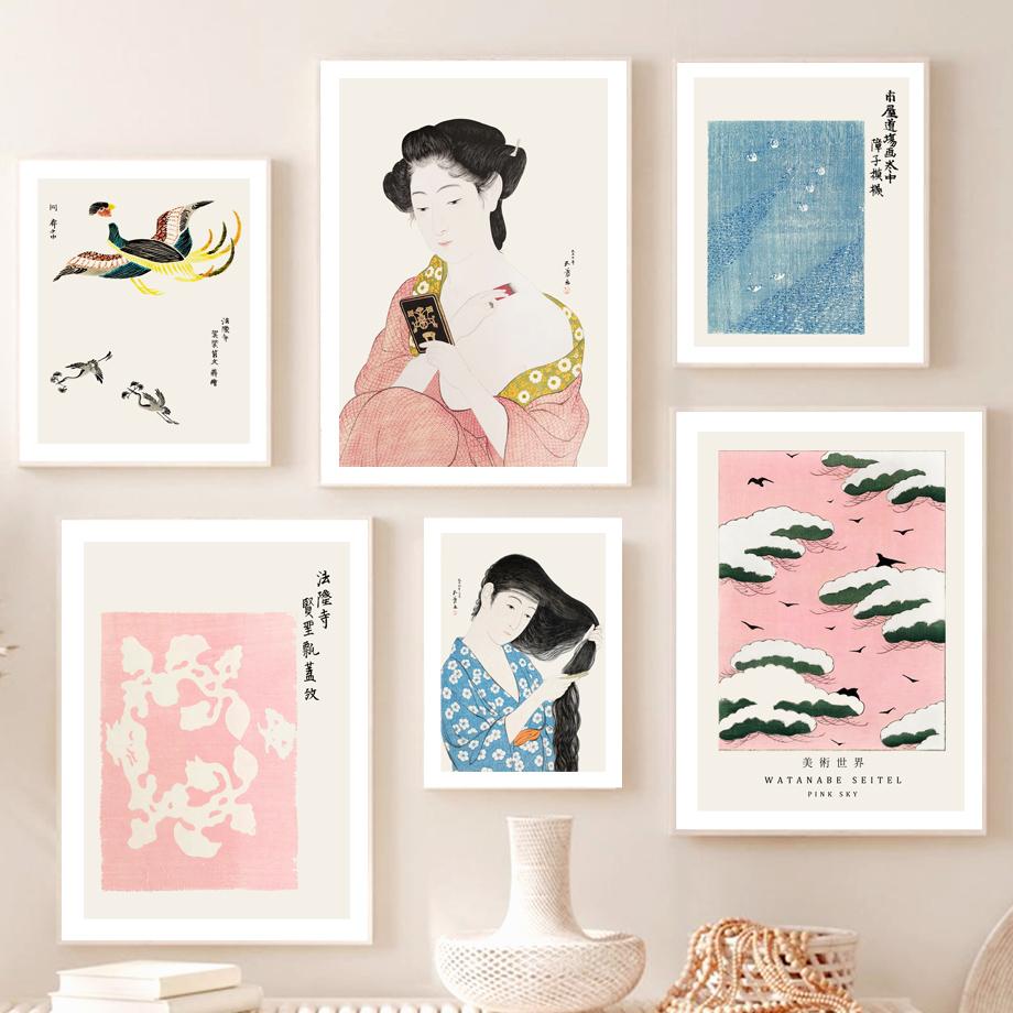 Crane Color Block Woman Watanabe Wall Art Canvas Painting Nordic Posters And Prints Wall Pictures For Living Room Japanese Decor