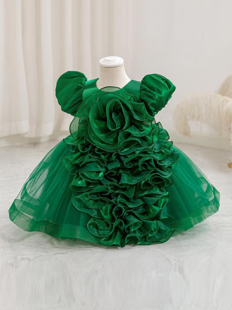 Girls' 3D Flower Princess Dress: First Birthday Puff Sleeves and Puffy Skirt