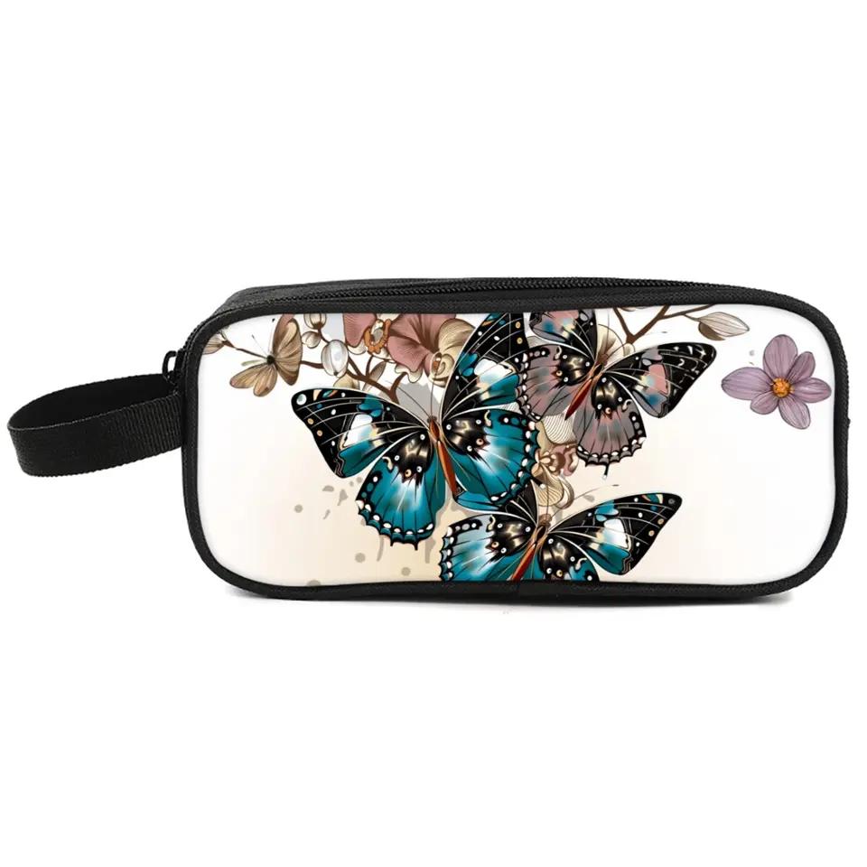 Butterfly Print Double Layered Pencil Case with Handheld for Boy/Girls Best Gift 3D Cartoon School Children