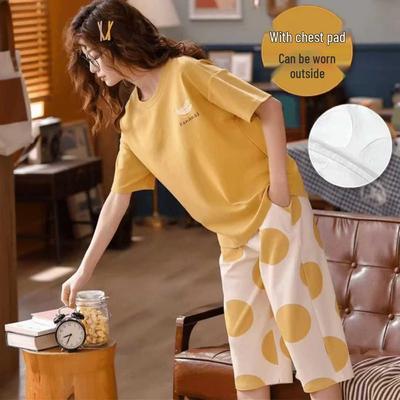 Koreaanse Stijl Losse Dames Pyjamaset met Korte Mouwen, Borstkussentjes en 7/8 Broek voor Plus Size Tieners