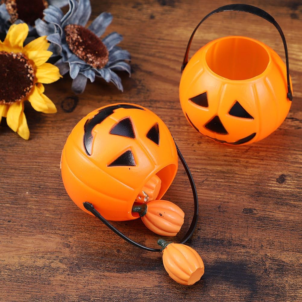 Vaguelly 15Pcs Halloween Pumpkin Bucket Trick or Treat Pumpkin Bucket with Handle Small Candy Holder Plastic Orange Jack O Lantern Candy Basket Bags