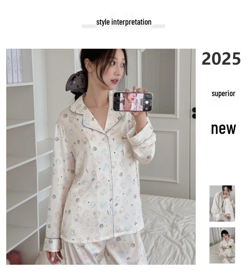 2025 Cute Korean-Style Cartoon Pajamas for Women - Long Sleeve & Pants - Autumn/Spring Homewear
