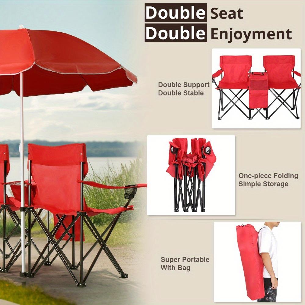 Double Fishing Chair with Umbrella, Oxford Fabric Outdoor Beach Chair, 187.39 lbs Load Capacity for Patio, Beach and Fishing