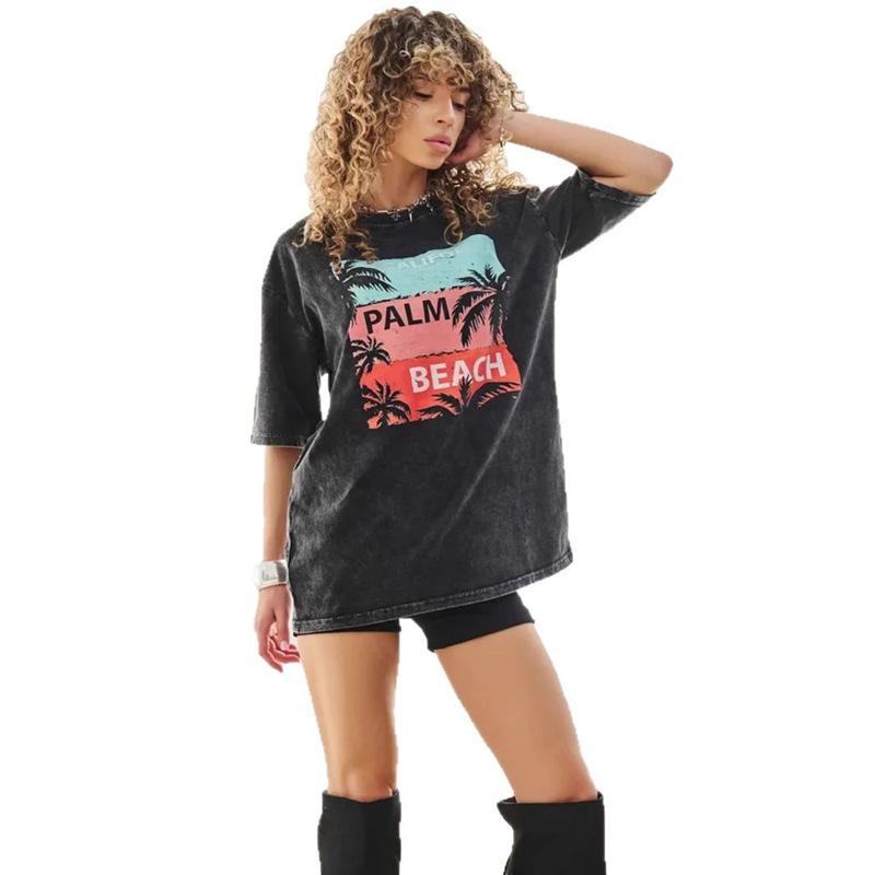 Black Short Sleeve Trendy Retro T-Shirt - 100% Cotton, Washed, Loose Fit, Versatile Print, Hong Kong Style