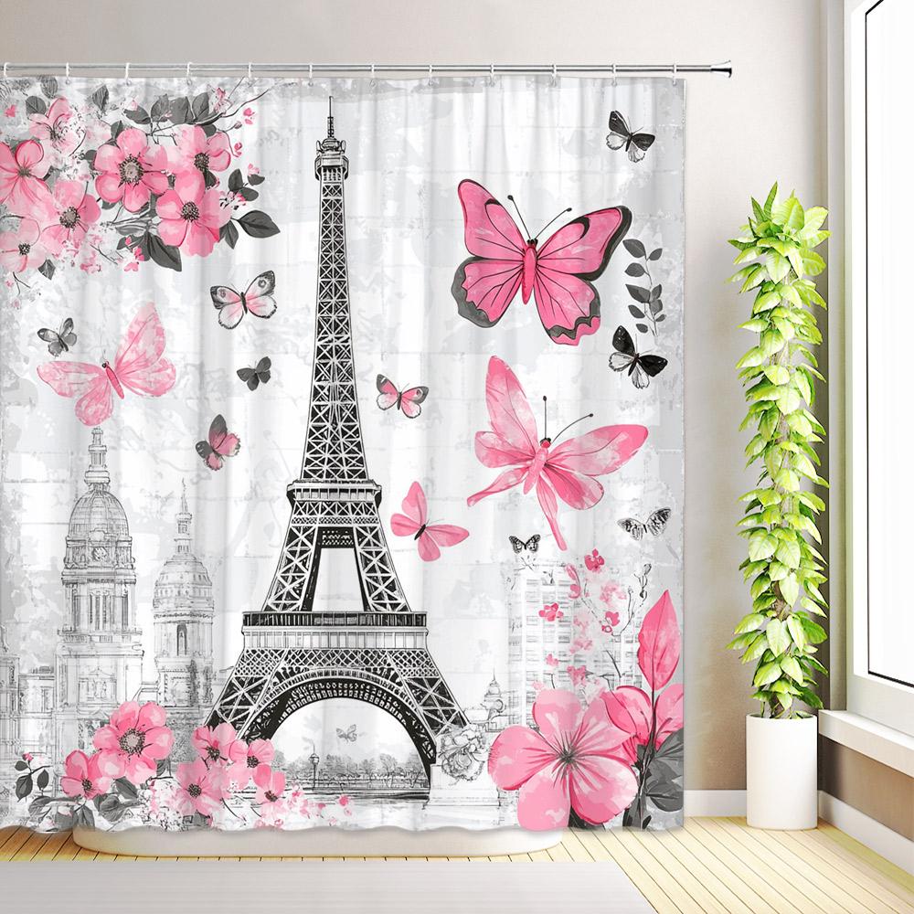 Butterfly Watercolor Floral Shower Curtain Romantic Paris Eiffel Tower Red Rose Flowers Plant Leaves Bathroom Decor with Hooks