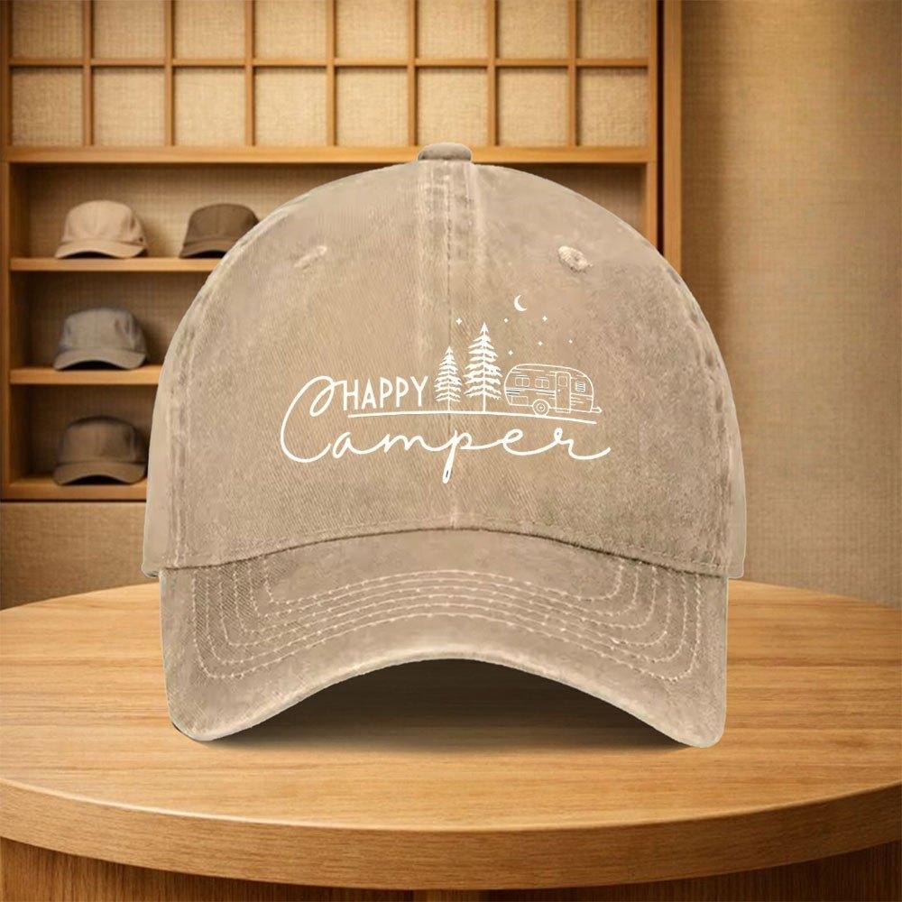 Vintage Happy Camper Baseball Cap Unisex Adjustable Cotton Hat for Camping Cycling Outdoor Family Parties